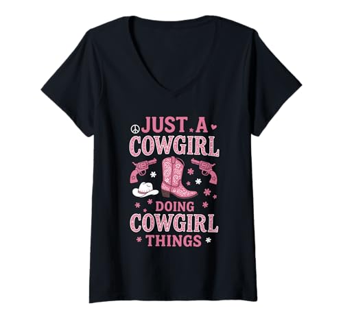 Damen Just A Cowgirl Doing Cowgirl Things Cowboystiefel Pink T-Shirt mit V-Ausschnitt Damen Just A Cowgirl Doing Cowgirl Things Cowboystiefel Pink T-Shirt mit V-Ausschnitt von Rodeo Cowgirl Boots Country Music Kids Cow Girl