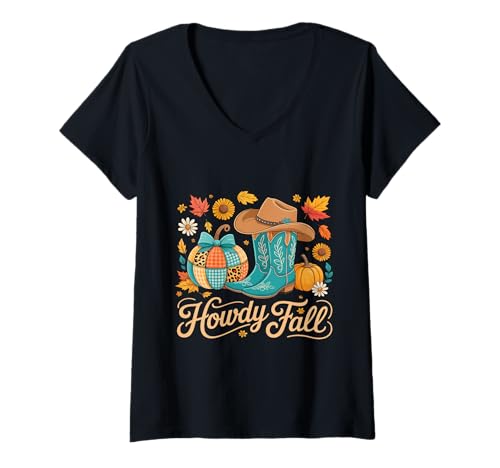 Damen Hallo Herbst Rodeo Cowboy Cowgirl T-Shirt mit V-Ausschnitt Damen Hallo Herbst Rodeo Cowboy Cowgirl T-Shirt mit V-Ausschnitt von Rodeo Gear Co