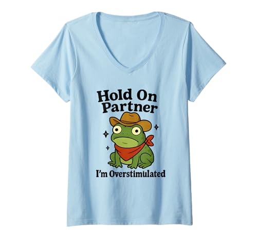 Damen Hold On Partner Frosch Lustig Western Cowboy Angst Humor T-Shirt mit V-Ausschnitt Damen Hold On Partner Frosch Lustig Western Cowboy Angst Humor T-Shirt mit V-Ausschnitt von Rodeo Ribbit Designs