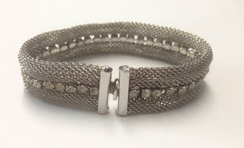 Vintage Art Deco C1950S Chrom Mesh Und Kristall Armband Vintage Art Deco C1950S Chrom Mesh Und Kristall Armband von RoeAntiques
