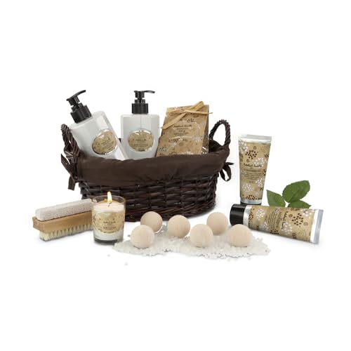 Römer Wellness Geschenkset: Manila, 14-teilig: Shampoo, Schaumbad, Bodylotion, Körperpeeling, Badesalz, Kerze, 6 Badekugeln & 2in1 Nagelbürste + Weidenkorb, Patchouli Vanille; ca. 30 x 25 x 20 cm von Römer Wellness