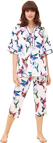 Rösch Pyjama im Vogel-Druck Kimono Paspeln Halbarm 100% Baumwolle 1233178 44 16855 von Rösch