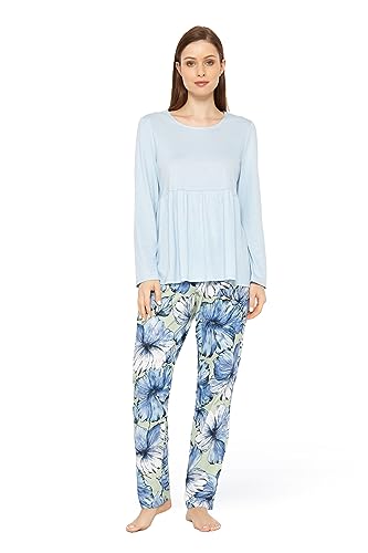 Rösch Pyjama mit Stufenlook Hellblau Baumwolle 1233621 40 Romantic Flower von Rösch