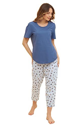 Rösch Pyjama mit verspieltem Hunde-Druck 7/8-Hose Blau Ziernähte 100% Baumwolle 1233103 46 16085 von Rösch