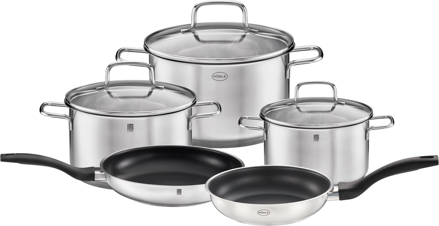 RÖSLE Topf-Set "Basic Line" Set, 1 Kochtopf Ø 16/20/24 cm, 1x Bratpfanne Ø 20 cm, 1x Bratpfanne Ø 28 cm, 5 Stk. tlg. Edelstahl 18/10 von Rösle