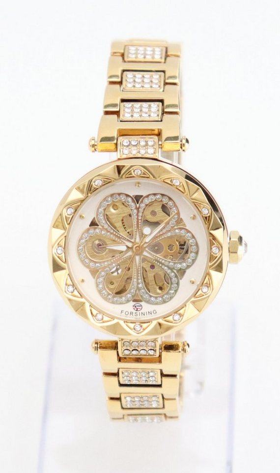 Rötting Design Automatikuhr Damenuhr Marke Forsining Rhinestone Besatz goldfarbenes Design, weißes Ziffernblatt, Armbandumfang 16 bis 20 cm wählbar von Rötting Design