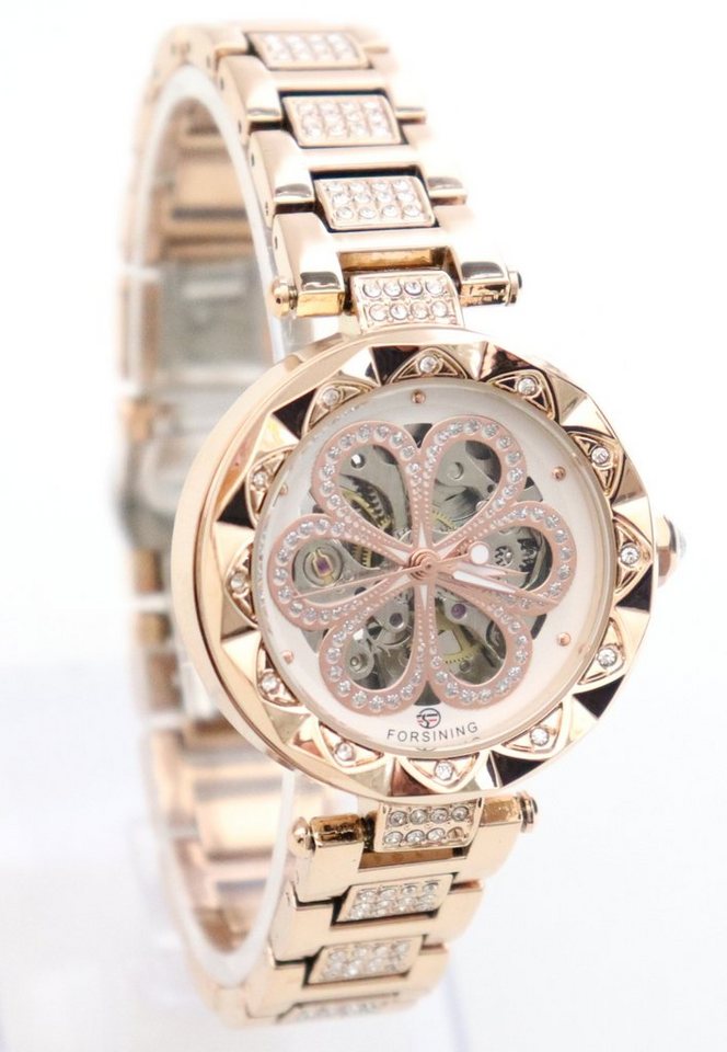 Rötting Design Automatikuhr Damenuhr Marke Forsining Rhinestone Besatz goldrosefarbenes Design, weißes Ziffernblatt, Handgelenkumfang 16 bis 20 cm wählbar von Rötting Design