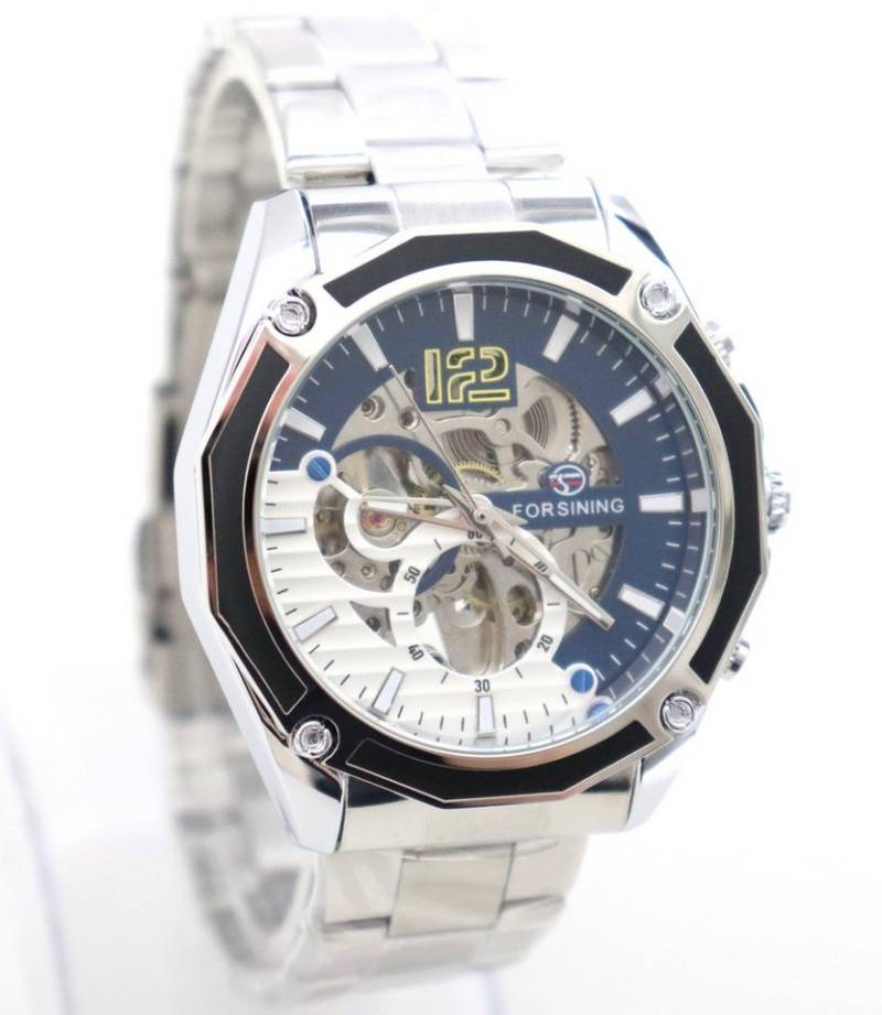 Rötting Design Automatikuhr Herrenuhr Automatikuhr Marke Forsining Skelett blau weißes Ziffernblatt und silberfarbenes Gehäuse von Rötting Design
