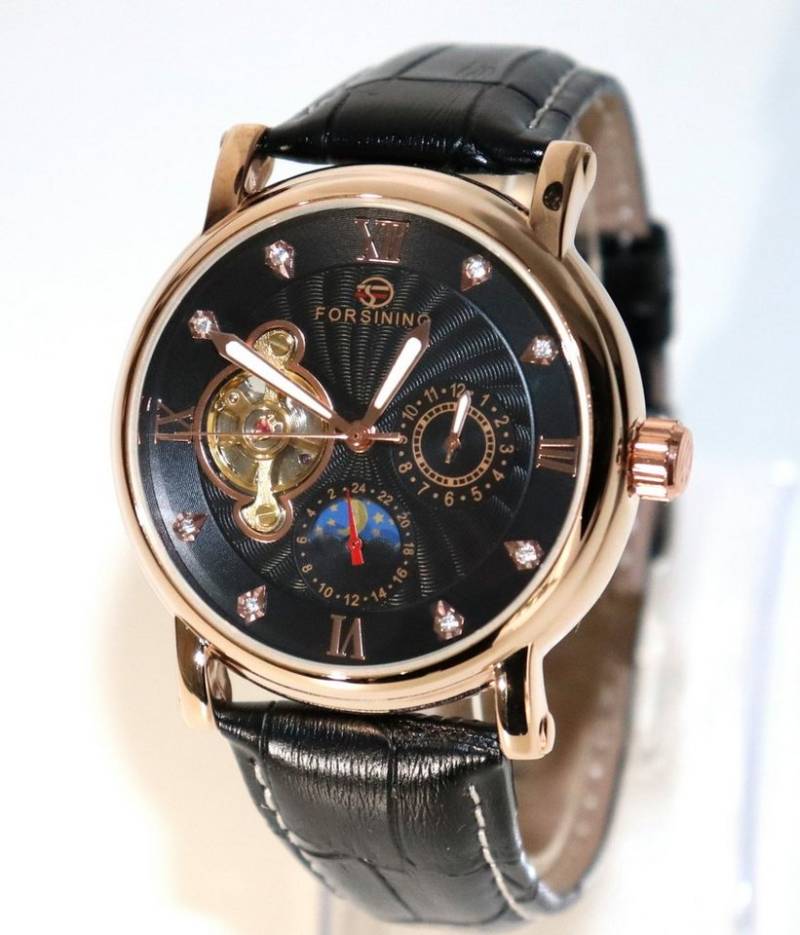 Rötting Design Automatikuhr Herrenuhr Automatikuhr offene Unruhe schwarzes Ziffernblatt, Tag/Nacht Phasen Anzeige von Rötting Design