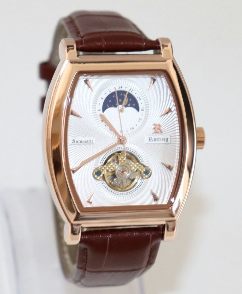 Rötting Design Automatikuhr Herrenuhr Tag/Nacht Phase offene Unruhe Glasboden weißes Ziffernblatt, goldrosefarbenes Gehäuse Rötting Design Automatikuhr Herrenuhr Tag/Nacht Phase offene Unruhe Glasboden weißes Ziffernblatt, goldrosefarbenes Gehäuse von Rötting Design
