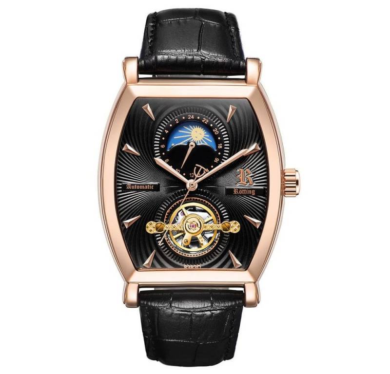 Rötting Design Automatikuhr Herrenuhr Tag/Nacht Phase offene Unruhe schwarzes Ziffernblatt, goldrosefarbenes Gehäuse von Rötting Design