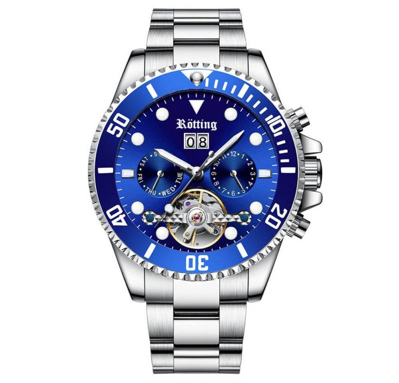 Rötting Design Automatikuhr Herrenuhr Automatikuhr blaue Lünette zum Drehen DATUMSANZEIGE, Handgelenkumfang wählbar zwischen 18 und 22 cm von Rötting Design