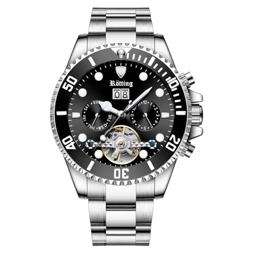 Rötting Design Herrenuhr Automatikuhr schwarzes Ziffernblatt Schwarze Lünette zum Drehen Datum Woche Tag Anzeige (20 cm Handgelekumfang) von Rötting Design