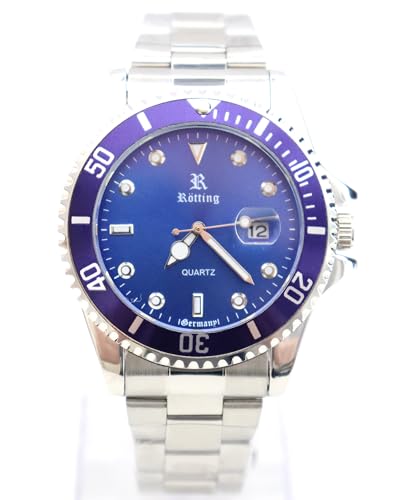 Rötting Design Herrenuhr Quarz aus der Collection Rötting Blaue Lünette zum Drehen blaues Ziffernblatt Datum von Rötting Design