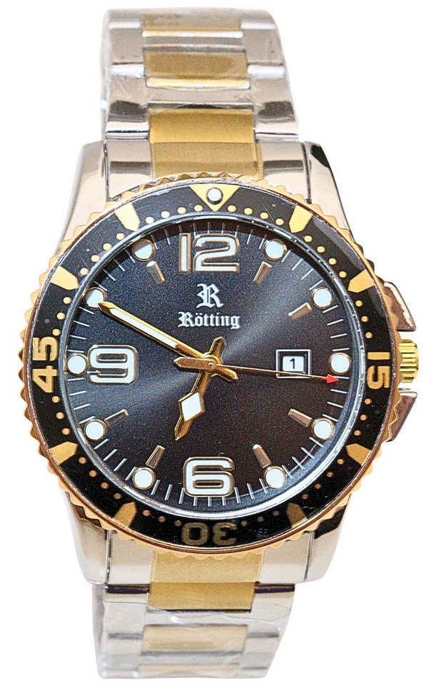 Rötting Design Quarzuhr Herrenuhr Datumsanzeige schwarz goldfarbene Lünette zum Drehen, Gehäuse und Armband IP beschichtet, einseitig drehbare Lünette von Rötting Design