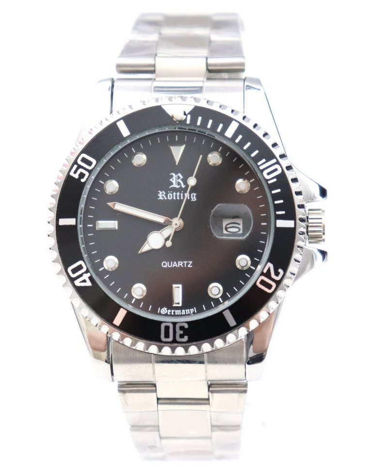 Rötting Design Quarzuhr Herrenuhr schwarze Lünette zum Drehen schwarzes Ziffernblatt, Datumsanzeige von Rötting Design