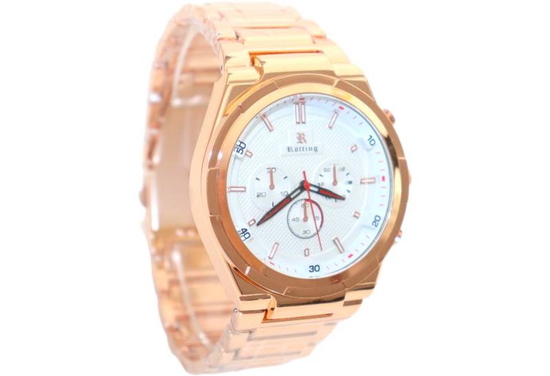 Rötting Design Quarzuhr Herrenuhr weißes Ziffernblatt in Chrono-Look Design goldrosefarben, aus der Collection "Rötting", Handgelenkumfang 18 bis 24 cm wählbar von Rötting Design