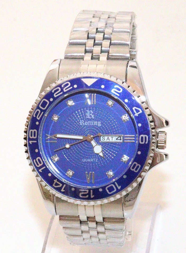Rötting Design Quarzuhr Herrenuhr blaues Ziffernblatt Tagesdatum + Wochentag, (blaue Lünette einseitig drehbar), Gehäuse und Armband IP beschichtet von Rötting Design