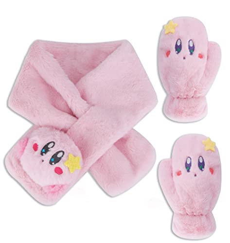 Roffatide 2 PCS Anime Fäustlinge Handschuh Schal Set Kirby Fuzzy Schal Vollfinger Plüsch Fleece Fäustlinge Handschuhe Winterschal Rosa Klein von Roffatide