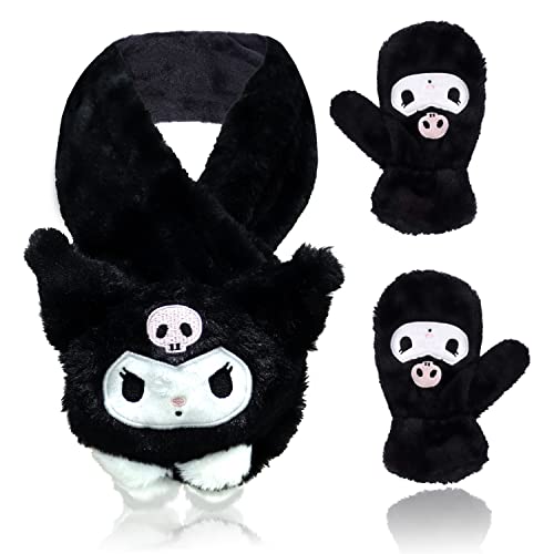 Roffatide 2 PCS Anime Fäustlinge Handschuh Schal Set Kuromi Fuzzy-Schal Volle Finger Plüsch Fleece Fäustlinge Handschuhe Schwarzer Winterschal klein von Roffatide