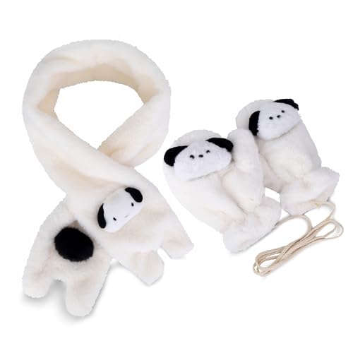 Roffatide 2 PCS Anime Mitten Glove Scarf Set großohriger Hund Dog Fuzzy Scarf Full Finger Plush Fleece Mittens Winter Warm Earmuffs Gloves Scarf White von Roffatide