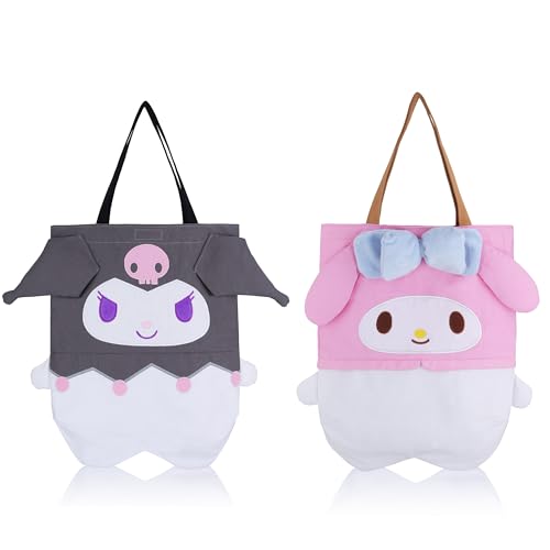 Roffatide 2pcs Kuromi My Melo Canvas Tragetasche für Frauen Wiederverwendbare Einkaufstasche Lässige Umhängetasche von Roffatide