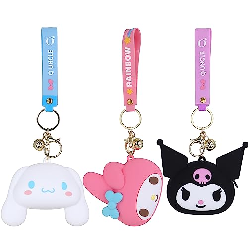 Roffatide 3pcs Cartoon Cinnamoroll My Melody Kuromi Münzen Geldbörsen Mini-Reißverschluss-Münzgeldbörse Cute Change Holder Coin Bag Schlüsselanhänger mit Glocke A von Roffatide