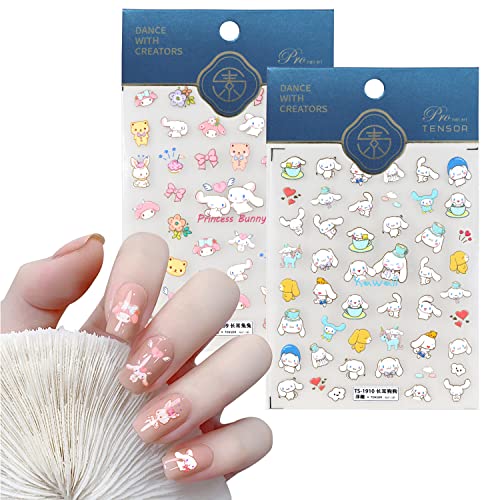 Roffatide Anime Cartoon Cinnamoroll Nagel Aufkleber Aufkleber 2 Blätter 3D selbstklebend DIY Nail Art Dekoration Set Nettes Design Maniküre Nägel Dekoration Zubehör für Frauen Mädchen von Roffatide