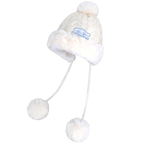 Roffatide Anime Weißer großohriger Hund Zimt Totenkopfmützen Frauen Winter Sherpa Mütze Knit Ohrenklappen Peruanische Abdeckung Ohren Fleece gefüttert Fluffy Ski Schnee Mütze 3 Pompons Hüte Beige von Roffatide