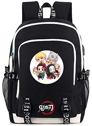 Roffatide Anime Demon Slayer Bedruckter Rucksack Herren Schultasche Laptop Rucksack mit USB-Ladeanschluss & Kopfhöreranschluss Schwarz von Roffatide