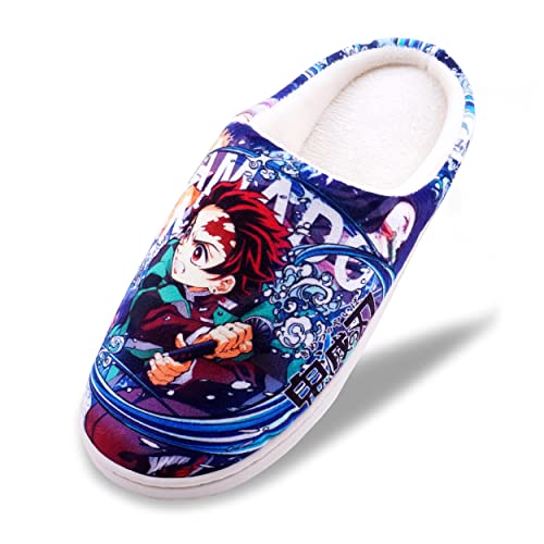 Roffatide Anime Demon Slayer Flauschige Hausschuhe Hauspantoffeln mit offenem Rücken Hausschuhe mit geschlossenen Zehen Leichte Hausschuhe mit Gummisohle Blau Damen 36 1/3/Herren 37 von Roffatide