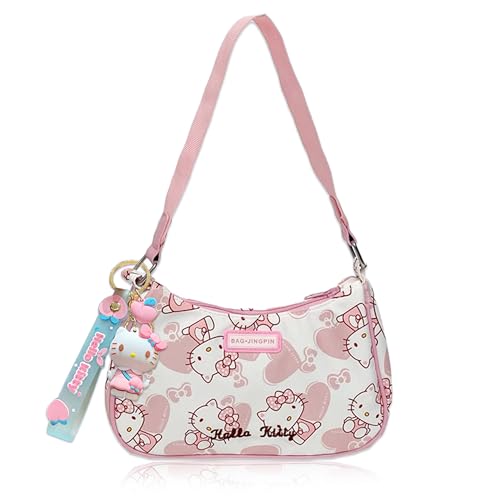 Roffatide Anime KT Nette Umhängetaschen für Frauen Freunde PU Tote Handtasche mit Reißverschluss Mini Clutch Schulter Geldbörse Unterarm Geldbörse Rosa (mit Anhänger) von Roffatide