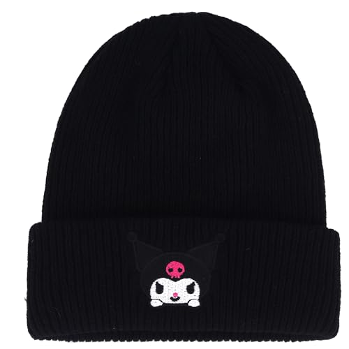 Roffatide Anime Kuromi Cute Beanie Hat Kawaii Big Ear Dog Lolita JK Caps Winter Knit Hat für Jungen Mädchen Bestickt Beanie Cap Black von Roffatide