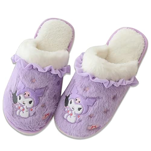 Roffatide Anime Kuromi Nette Plüsch Open Back Floor Hausschuhe Innenschuhe Fuzzy Hausschuhe mit Gummisohle für Frauen von Roffatide