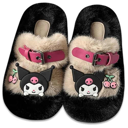 Roffatide Anime Kuromi Plüsch Hausschuhe Hausschuhe Melody Offene Zehe Offener Rücken Schaumstoff Sandalen Hausschuhe mit Gummisohle für Frauen Mann (Beige+Schwarz) von Roffatide