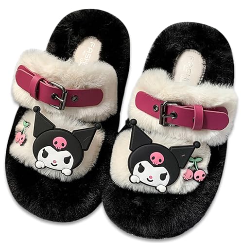 Roffatide Anime Kuromi Plüsch Hausschuhe Hausschuhe Melody Offene Zehe Offener Rücken Schaumstoff Sandalen Hausschuhe mit Gummisohle für Frauen Mann (Weiß+Schwarz) von Roffatide