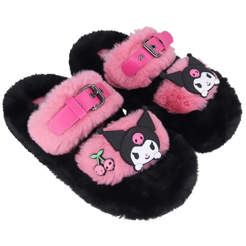 Roffatide Anime Kuromi Plüsch Hausschuhe Hausschuhe Melody Open Toe Open Back Foam Sandalen Hausschuhe mit Gummisohle für Frauen Mann (Rot+Schwarz) von Roffatide