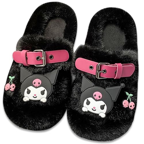 Roffatide Anime Kuromi Plüsch Hausschuhe Melody Offene Zehe Offener Rücken Schaumstoff Sandalen Hausschuhe mit Gummisohle für Frauen Mann (Schwarz+Rot) von Roffatide