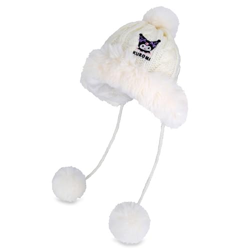 Roffatide Anime böses Kaninchen Zimt Hund Totenkopfmützen Frauen Winter Sherpa Mütze Knit Ohrenklappen Peruanische Abdeckung Ohren Fleece gefüttert Fluffy Ski Schnee Mütze 3 Pompons Hüte Beige von Roffatide
