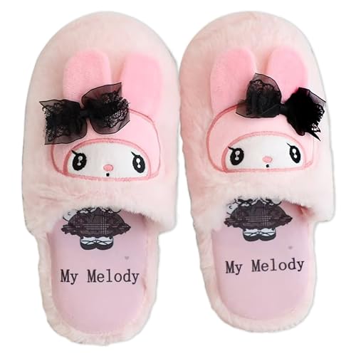 Roffatide Anime Melody Cute Plüsch Boden Hausschuhe Mädchen Innenschuhe Fuzzy Hausschuhe mit Gummisohle für Frauen Schwarz Spitze von Roffatide