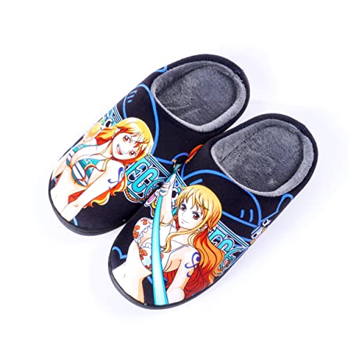 Roffatide Anime One Piece Fuzzy Hausschuhe Nami Geschlossene Zehe offen zurück Hausschuhe mit Gummisohle Hausschuhe rutschfest Indoor Plüsch Schuhe für Frauen Männer Euro 36-37 von Roffatide