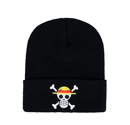 Roffatide Anime Mützen Skull and Crossbones Gefesselte Schädelkappen Bestickte Totenkf-Mütze Beanie-Mütze Winter-Strickmütze Schwarz von Roffatide