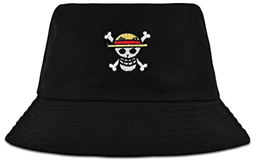Roffatide Anime One Piece Strohhut Piraten Logo Eimer Hut Stickerei Angeln Hut Reversible Double Side Wear Eimer Hut von Roffatide