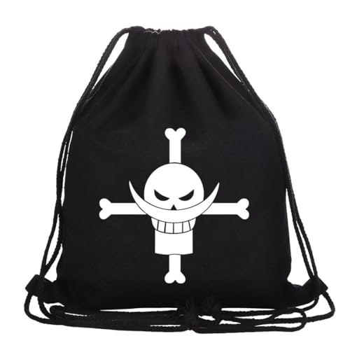 Roffatide Anime One Piece Whitebeard Pirates Drawstring Tasche Bedruckter Sportrucksack Canvas Kordelzug Rucksack String Tasche Schwarz von Roffatide