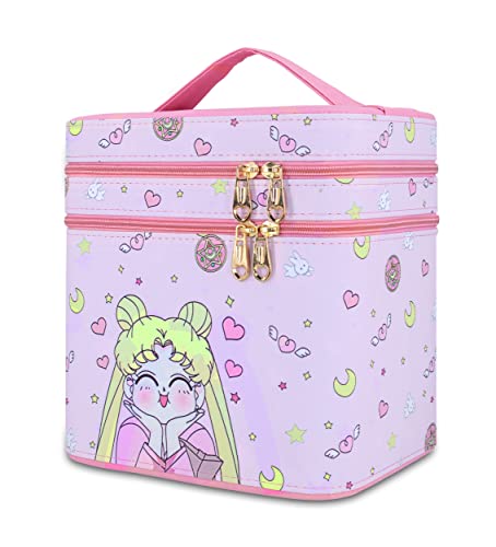 Roffatide Anime Sailor Moon Kosmetische Reisetasche Netter Rosa Make-up-Organizer Doppellagiger Wasserabweisender Kulturbeutel für Mädchen Groß von Roffatide