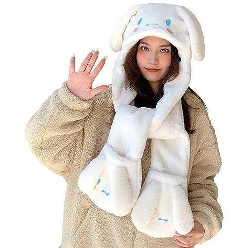 Roffatide Cartoon Cinnamoroll Ear Moving Jumping Hat Fluffy Beanie Cap Soft Warm Winter Head Wear Cute Hats for Women Hat Scarf Gloves in One von Roffatide