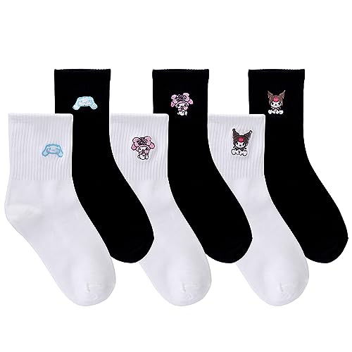 Roffatide Cartoon Kuromi Frauen niedlich und Neuheit Casual Crew Socken 6 Paare Cinnamoroll Ankle High Dress Socken Cute Melody Socken für Frauen und Mädchen von Roffatide