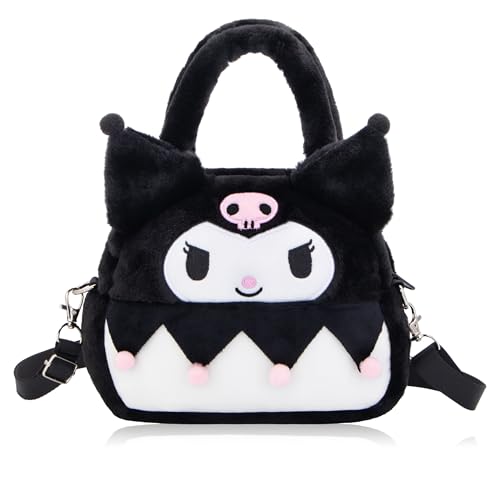 Roffatide Cartoon Niedliche Kuromi Mini Tragetasche Frauen flauschige gefüllte Tiere Schulter Hobo Handtaschen Kawaii Fuzzy Tasche Geburtstag Geschenk Schwarz von Roffatide