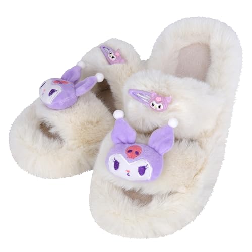 Roffatide Cinnamonroll Dicke Pantoffeln Cross Band Cozy Melody Pantoffeln Fluffy Furry Open Toe Kuromi Hausschuhe Plüsch Haus Slide Indoor Hausschuhe für Frauen Weiß F 34-35 von Roffatide