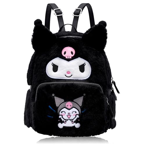Roffatide Fuzzy Kuromi Rucksack Plüsch Cartoon niedlichen Rucksack für Frauen Kawaii Lightweight Stickerei Flauschige Tasche täglich Rucksack Schwarz von Roffatide